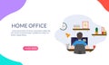 Home office banner design. Workplace with desk and computer. Freelancer workspace concept. Man working or learning at the table.